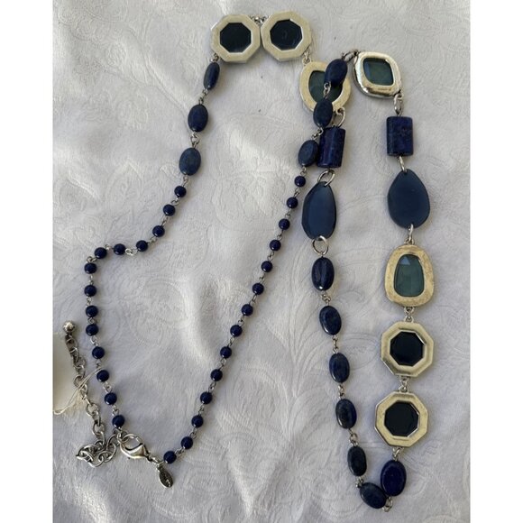 Chicos Blue Stone Silver Tone 19" Long Beaded Chain Statement Necklace NEW - Picture 9 of 16